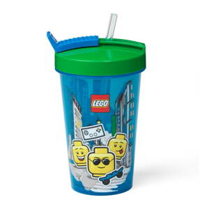 Plava čaša sa zelenim poklopcem i slamkom LEGO® Iconic, 500 ml
