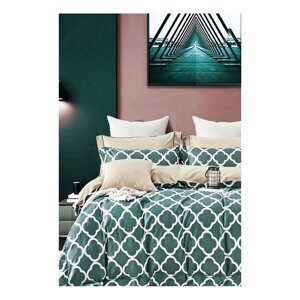 Zelena/bež pamučna posteljina za bračni krevet/za produženi krevet s uključenom plahtom/4-dijelna 200x220 cm Geometric – Mila Home