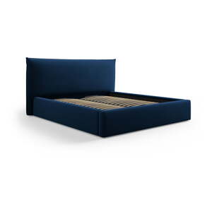 Tamno plavi tapecirani bračni krevet s prostorom za pohranu s podnicom 180x200 cm Elio – Milo Casa