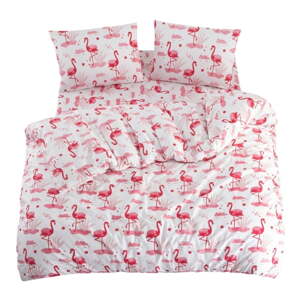 Bijela/ružičasta posteljina za krevet za jednu osobu/za produženi krevet s uključenom plahtom/3-dijelna 160x220 cm Flamingo – Mila Home
