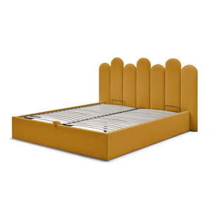 Senf žuti tapecirani bračni krevet s prostorom za odlaganje s podnicom 160x200 cm Badja – Bobochic Paris